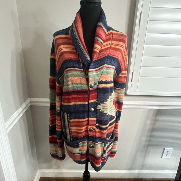 Vintage 90s POLO RALPH LAUREN XL Cardigan Southwest Aztec Navajo Silk Patchwork - Picture 4 of 12